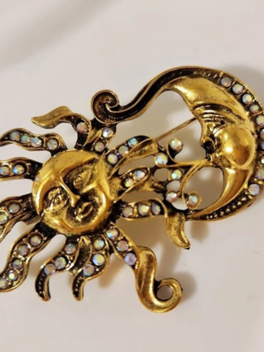 Vintage Gold Sun And Moon Face Rhinestone Brooch